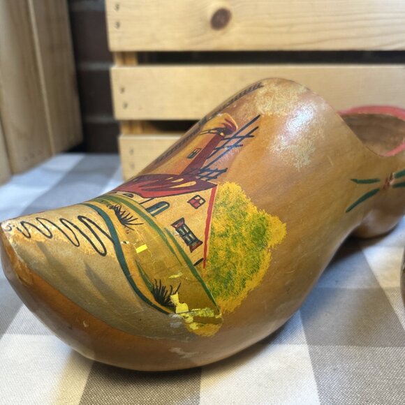 Dutch shoes Wooden Carved Clogs Made In Holland Painted Wind mill design 12” - Picture 3 of 9